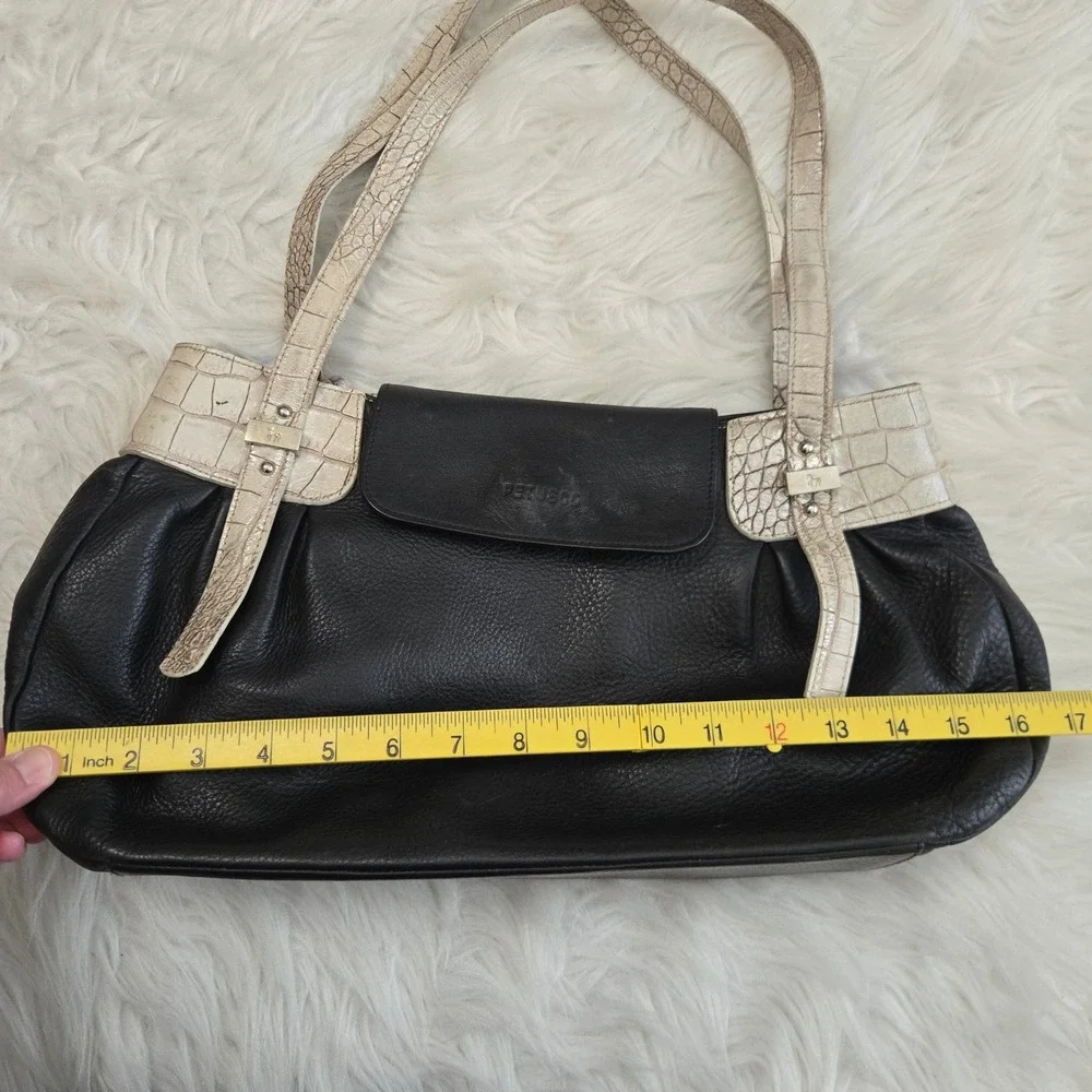 Petusco Spain Black Pebbled Leather Shoulder Bag Cream Croc Trim Made in Spain